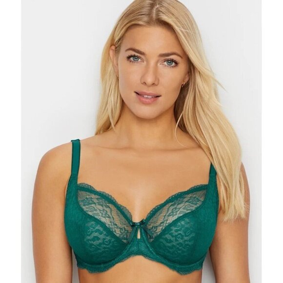 Freya 30DDD Fancies Plunge Bra Green Stretch Lace Semi Sheer Underwire AA1011 - Picture 1 of 9